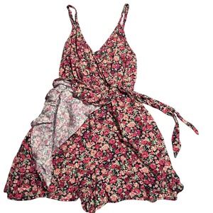 Floral Wrap Romper Red Pink Ditsy Flower Smocked Back Small Festival Boho Fairy